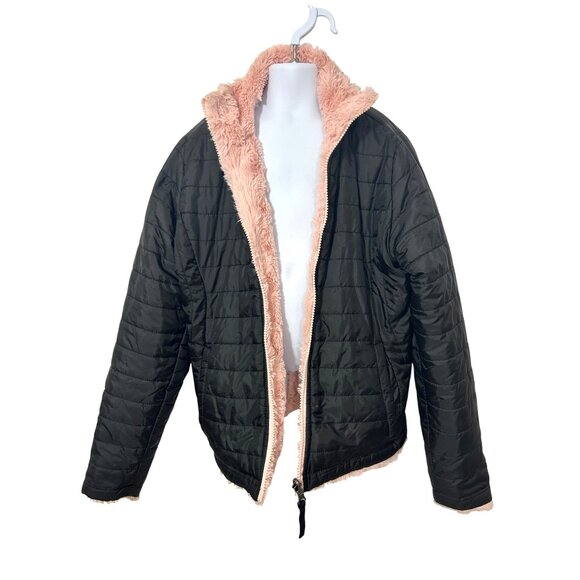 Me Jane Girls’ Reversible Jacket Black Puffer Pink Faux Fur 12 Zip Band Collar - Picture 9 of 13